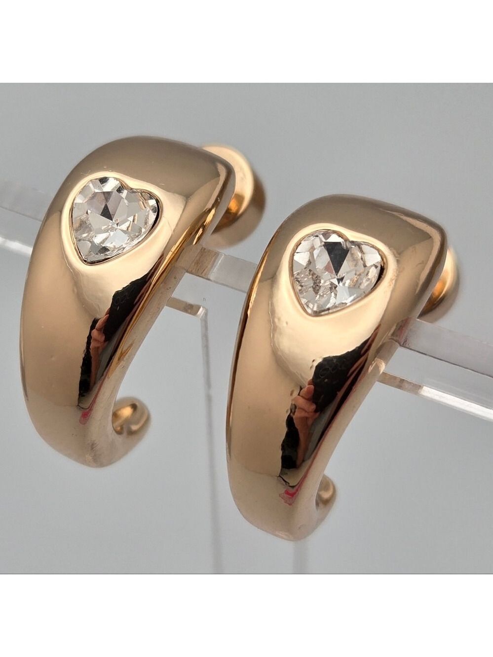 Gold Huggie Hoop Earrings Heart Crystal Dainty